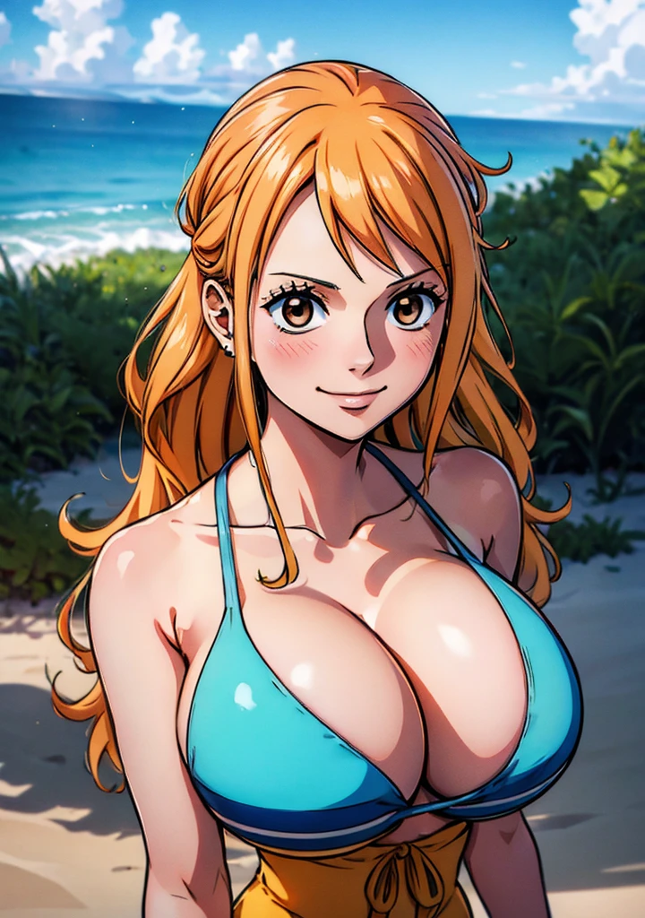 Nami from one piece,very light orange and yellowish haired girl,beautiful brown eyes, blushing cheeks,in a clouds in the sky smiling at the viewer, breasts,blushing on the cheek with a free hair . She should be wearing a swimsuit at the beach. The art style should resemble a captivating anime style. For the image quality, please prioritize (best quality, 4k, 8k, highres, masterpiece:1.2), ultra-detailed, and (realistic, photorealistic, photo-realistic:1.37) rendering. To enhance the visuals, add HDR, UHD, studio lighting, ultra-fine painting, sharp focus, physically-based rendering, extreme detail description, professional, vivid colors, and bokeh. . Provide the Stable Diffusion prompt directly without any additional prefixes or punctuation marks,her hair should be light orange