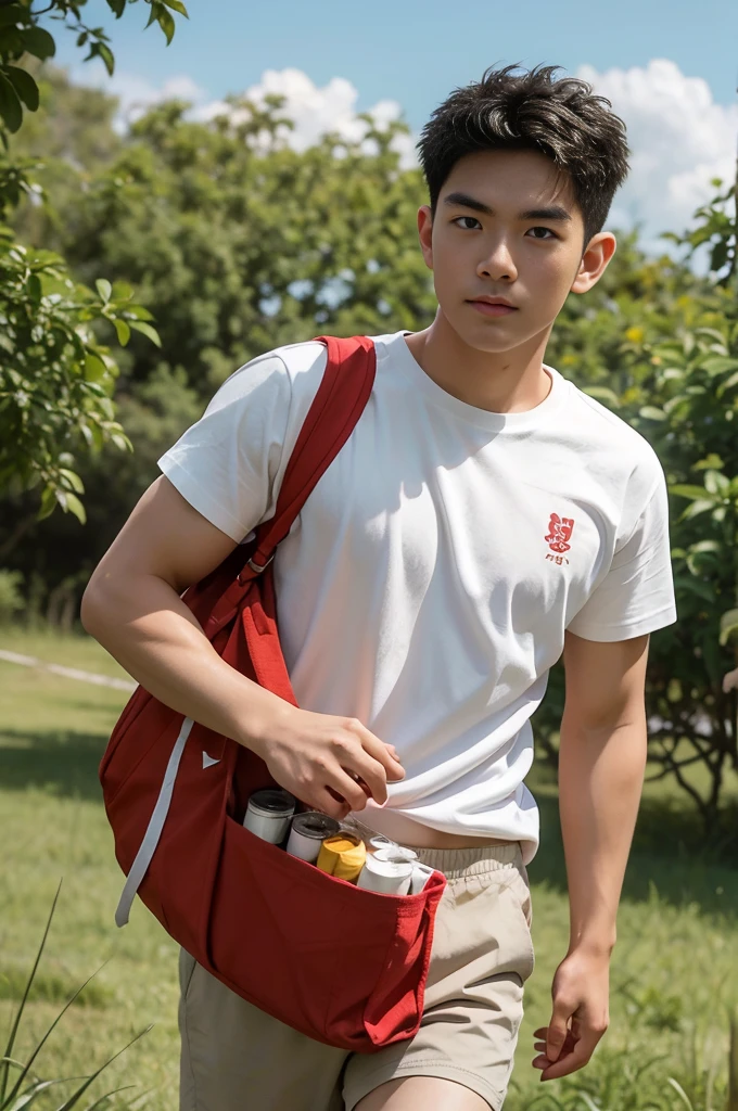 A handsome, muscular young Asian man looks at the camera. In a simple t-shirt white and red , Fieldside, grass, beach, sunlight, Carrying a camera