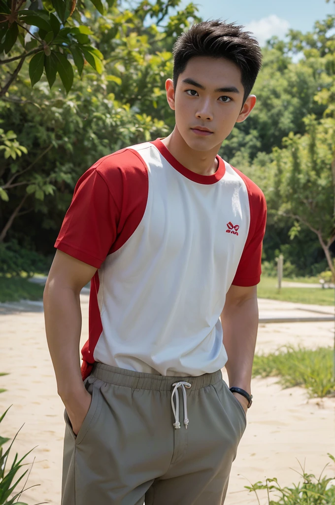 A handsome, muscular young Asian man looks at the camera. In a simple t-shirt white and red , Fieldside, grass, beach, sunlight, Carrying a camera