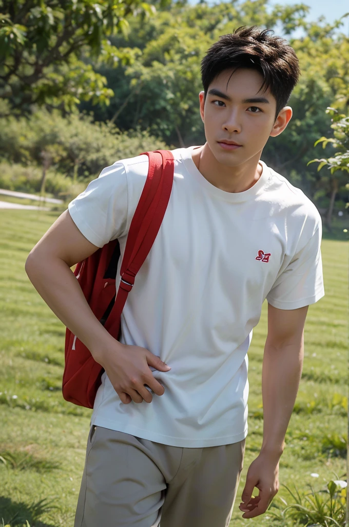 A handsome, muscular young Asian man looks at the camera. In a simple t-shirt white and red , Fieldside, grass, beach, sunlight, Carrying a camera