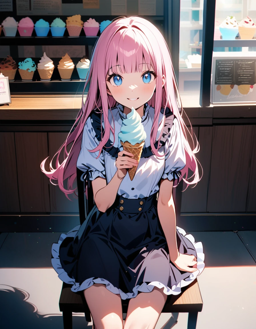 face,puffy eyes,blue eyes,blunt bangs,pink hair,Straight hair,Long hair,white short sleeve petal collar blouse,black tiered skirt,smile,parted lips,rim light,(holding a colorful soft serve ice cream),Looking at viewer,sitting on chair,indoors soft serve ice cream shop