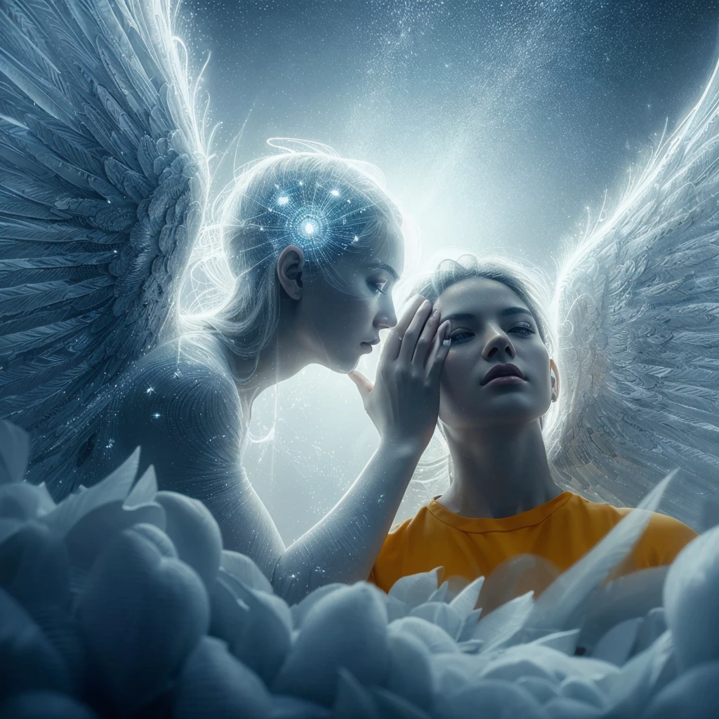 Very real image. An enlightened being, the guardian angel, whispers in a person's ear. Photorealism, full view, highly detailed image, very realistic, hyperrealism, Ultra HD, 8k, 5, sharp focus, intricate and mysterious masterpiece. (Long exposure photography Artistic illustration close-up portrait very detailed: final quality, medium shot, backlight, Rich and striking. Enigmatic and mysterious manipulations (composition of the rule of thirds), ((detailed environment with strong lines) The best quality, in camera, white light, warm and clean aesthetics, dazzling screen composed of millions of brilliant ultraviolet rays, HDR.