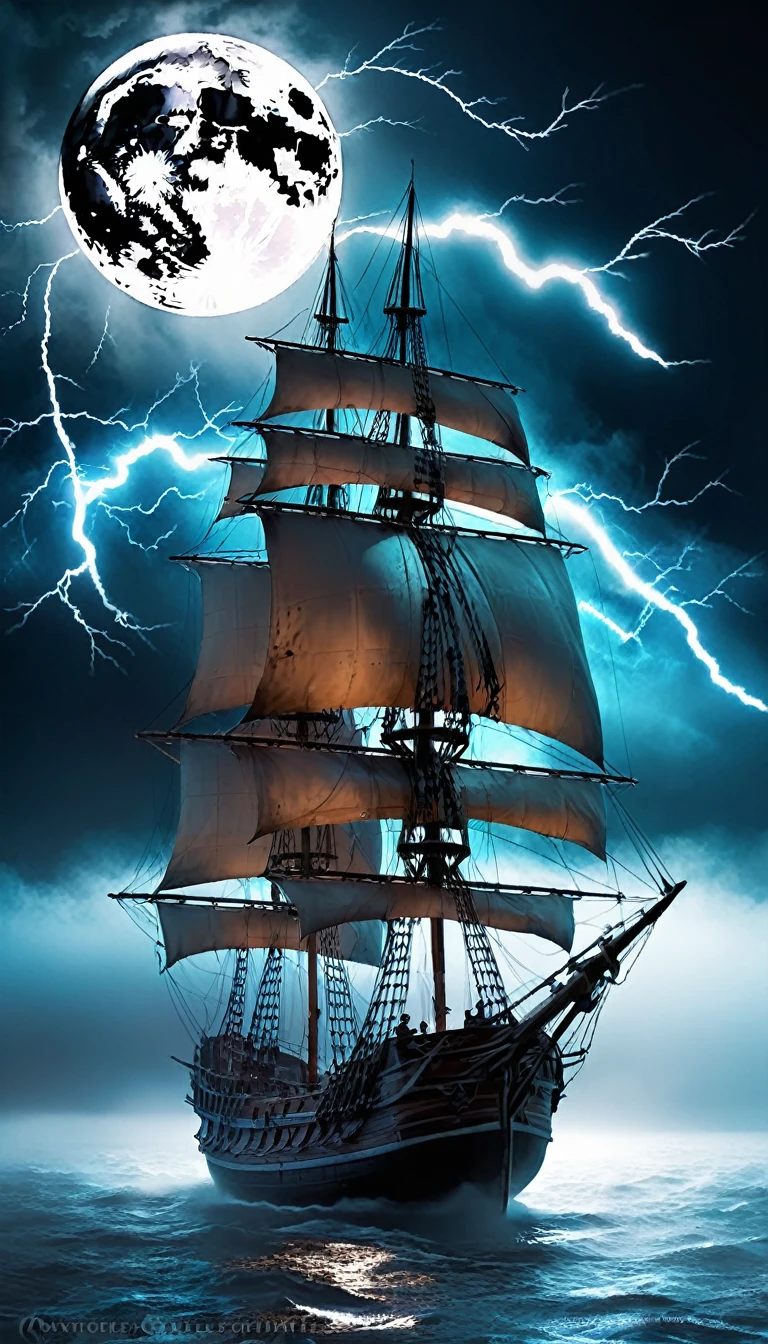 Ghost Ship of Tattered Sails.Several lightning bolts flash in the night sky.A hazy blue moon.Overall fog.Dark Fantasy Background.