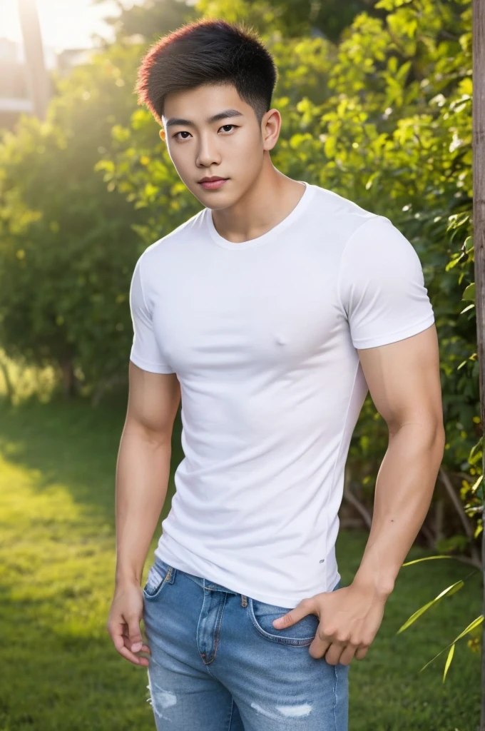 Young Korean man in a white t-shirt and jeans, A handsome, muscular young Asian man looks at the camera. In a simple t-shirt white and red , Fieldside, grass, beach, sunlight, Carrying a camera