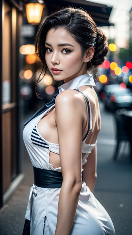 portrait, from above, (zoom in), ahegao, eyes half-closed, Masterpiece, high quality, high resolution, volumetric lighting, subsurface scattering, 8k, Beautiful woman, (looking at viewer), dark skin, phillipino, office clothes, (long-sleeve:1.2), ((cleavage)), headband, (bowtie), hoop earing