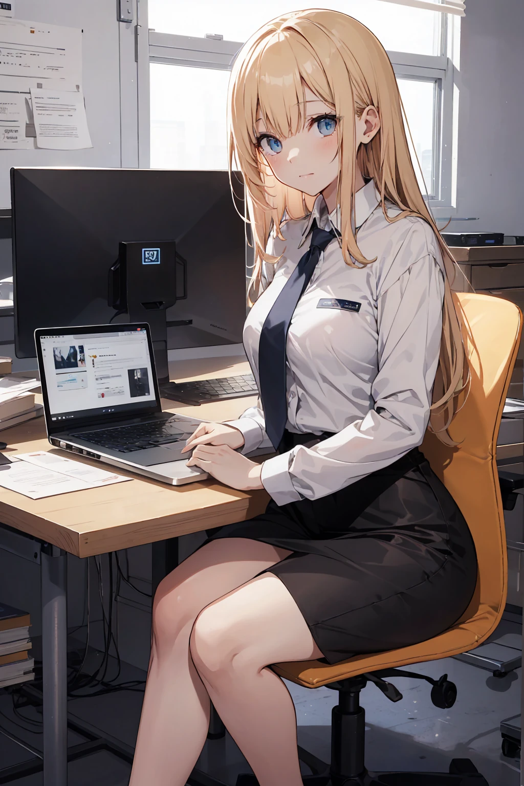This illustration depicts a cute girl working in an office in a high-rise building, at a moment when she is tired of the situation. She is working on her laptop and is facing the monitor. His eyes are shining. Inside the room are piles of documents, an office desk and chair, a monitor, etc. However, the most notable thing is the "final mysterious high-energy body" she emits. This energy body is released from her body and has the power to obliterate the garbage in the room. emits a pale, white light that reaches every corner of the room. The view from the window is a night view. A girl with a satisfied expression is sitting.(night)