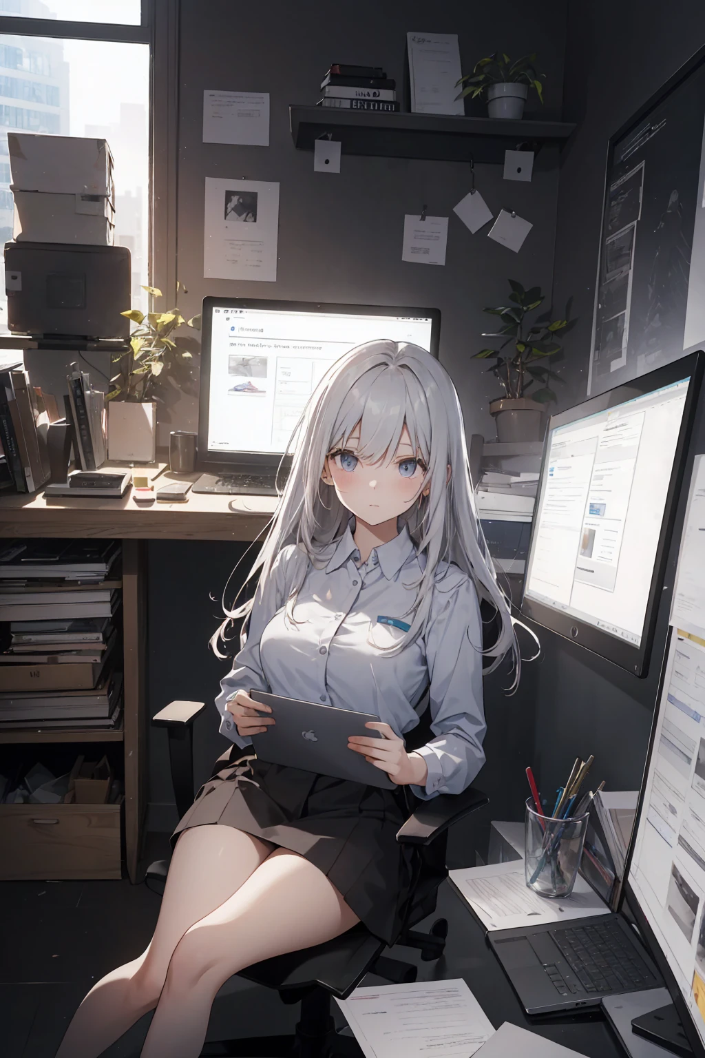 This illustration depicts a cute girl working in an office in a high-rise building, at a moment when she is tired of the situation. She is working on her laptop and is facing the monitor. His eyes are shining. Inside the room are piles of documents, an office desk and chair, a monitor, etc. However, the most notable thing is the "final mysterious high-energy body" she emits. This energy body is released from her body and has the power to obliterate the garbage in the room. emits a pale, white light that reaches every corner of the room. The view from the window is a night view. A girl with a satisfied expression is sitting.(night)
