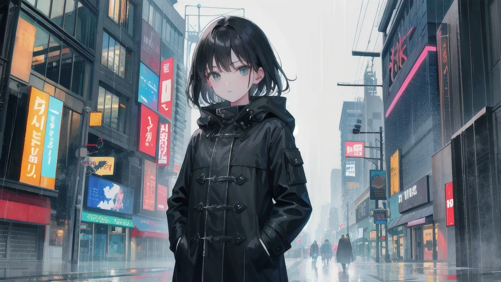 One girl, City of night, rain, coat, Hands in pockets, Black Hair, Medium Short,Dark atmosphere, Looking down,