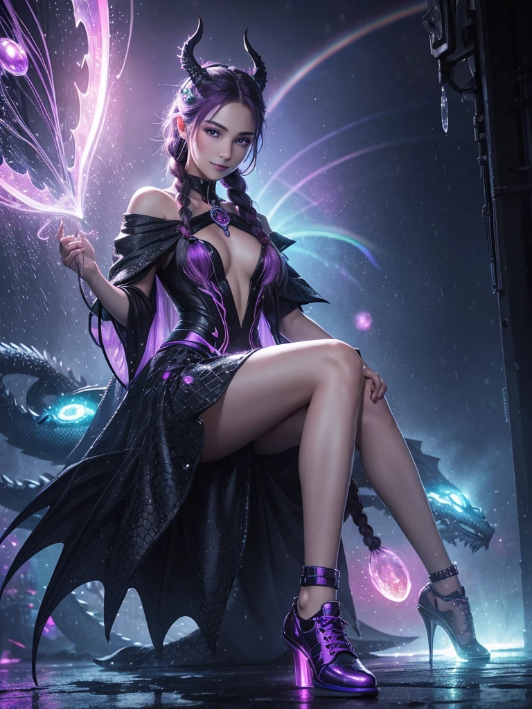 fractal diaphragm of a beautiful woman with small rainbow and colorful braids, with realistic pointy ends, smiling sweetly, wearing cyberpunk lilac, black shoes posing behind the head of a black dragon, the dragon's eyes are bright red, the splash effect of small transparent sparkling dewdrops, a very soft aurora splash emits an aura mystical, bokeh effect, Frozen rain splash background, clear photo, very real photo, 100K, professional photography.