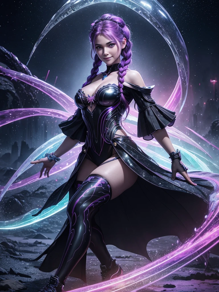 fractal diaphragm of a beautiful woman with small rainbow and colorful braids, with realistic pointy ends, smiling sweetly, wearing cyberpunk lilac, black shoes posing behind the head of a black dragon, the dragon's eyes are bright red, the splash effect of small transparent sparkling dewdrops, a very soft aurora splash emits an aura mystical, bokeh effect,  Frozen rain splash background, clear photo, very real photo, 100K, professional photography.