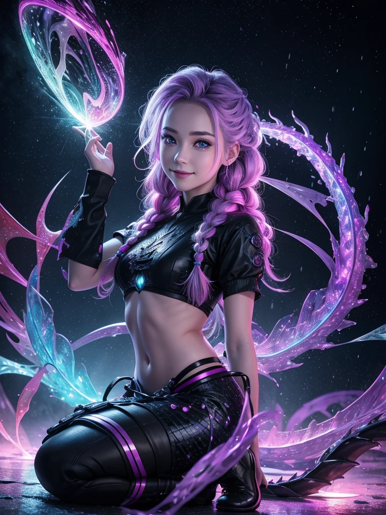 fractal diaphragm of a beautiful woman with small rainbow and colorful braids, with realistic pointy ends, smiling sweetly, wearing cyberpunk lilac, black shoes posing behind the head of a black dragon, the dragon's eyes are bright red, the splash effect of small transparent sparkling dewdrops, a very soft aurora splash emits an aura mystical, bokeh effect,  Frozen rain splash background, clear photo, very real photo, 100K, professional photography.