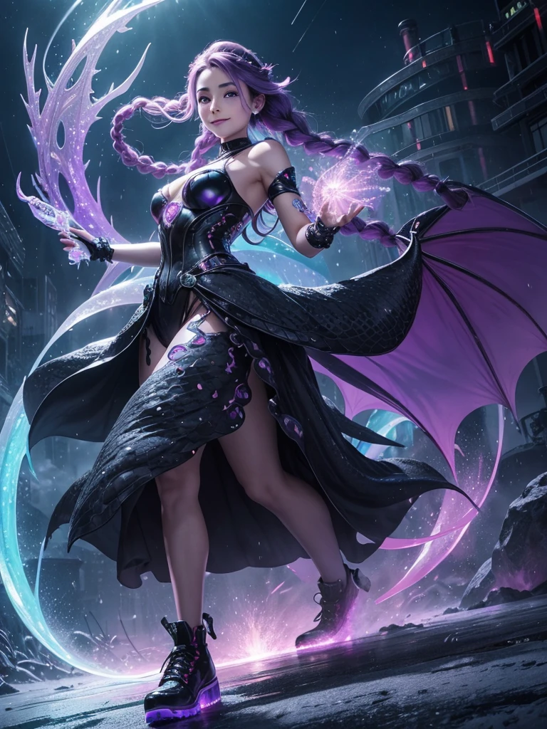 fractal diaphragm of a beautiful woman with small rainbow and colorful braids, with realistic pointy ends, smiling sweetly, wearing cyberpunk lilac, black shoes posing behind the head of a black dragon, the dragon's eyes are bright red, the splash effect of small transparent sparkling dewdrops, a very soft aurora splash emits an aura mystical, bokeh effect,  Frozen rain splash background, clear photo, very real photo, 100K, professional photography.
