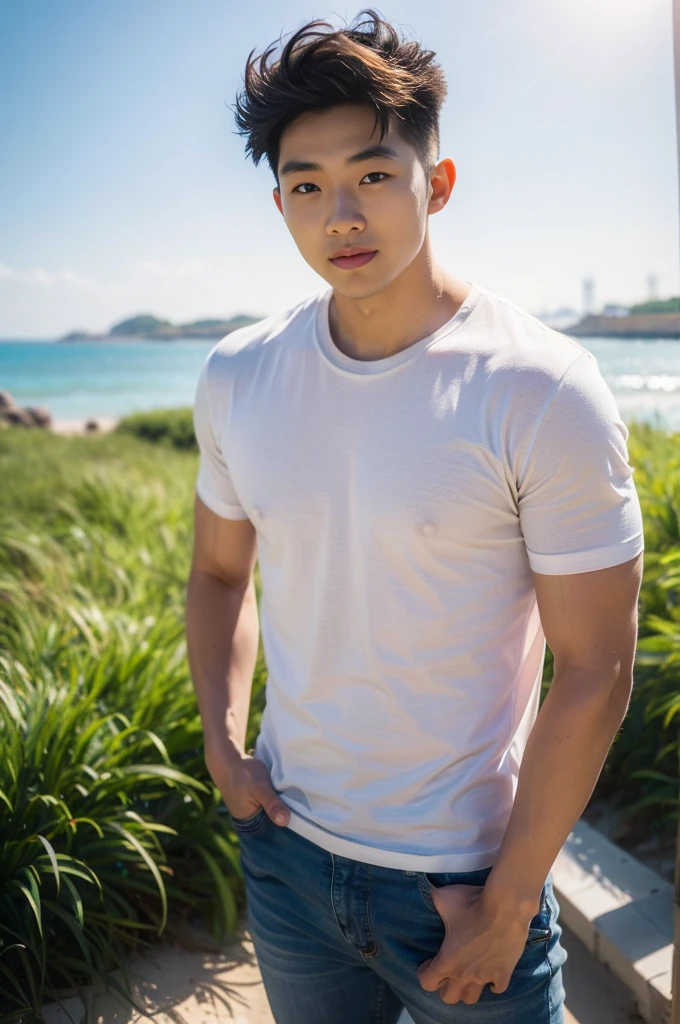 Young Korean man in a white t-shirt and jeans, A handsome, muscular young Asian man looks at the camera. In a simple t-shirt white and red , Fieldside, grass, beach, sunlight, Carrying a camera