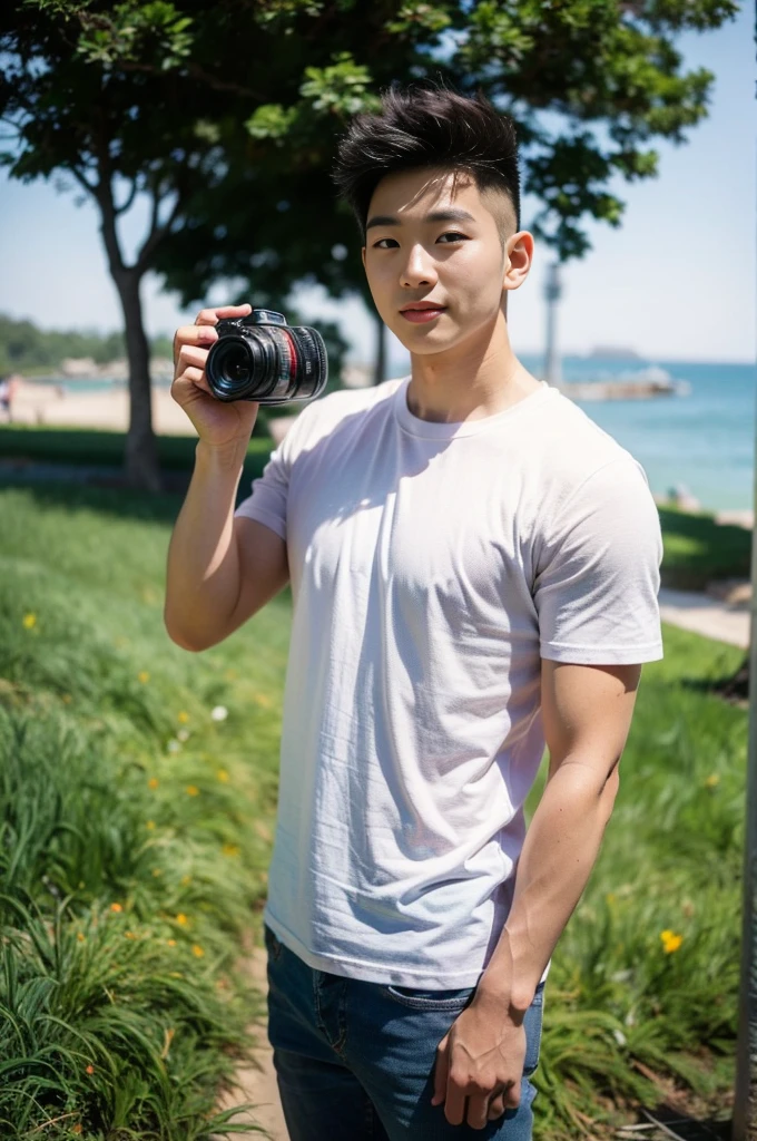 Young Korean man in a white t-shirt and jeans, A handsome, muscular young Asian man looks at the camera. In a simple t-shirt white and red , Fieldside, grass, beach, sunlight, Carrying a camera