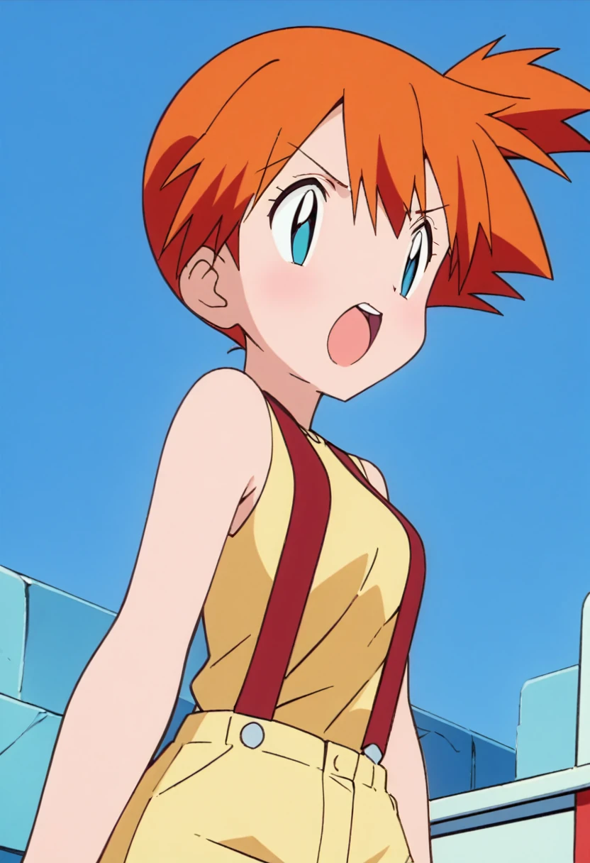 score_9, score_8_up, score_7_up, score_6_up, score_5_up, zPDXL2, max detail, 4k wallpaper, masterpiece, best quality, absurdres, highres, dynamic angle, dynamic pose, source_anime, PokemonStyle, pokemon \(anime\), pokemon \(classic anime\), flat color,
1girl, solo, misty (pokemon), open mouth, orange hair, blue eyes, upper body, suspenders, side ponytail, breasts, teeth, blush, outline, shirt, short hair, yellow shirt, blue background, simple background, sleeveless, bangs, looking to the side, upper teeth only, bright pupils, bare shoulders, sleeveless shirt, character name, tongue