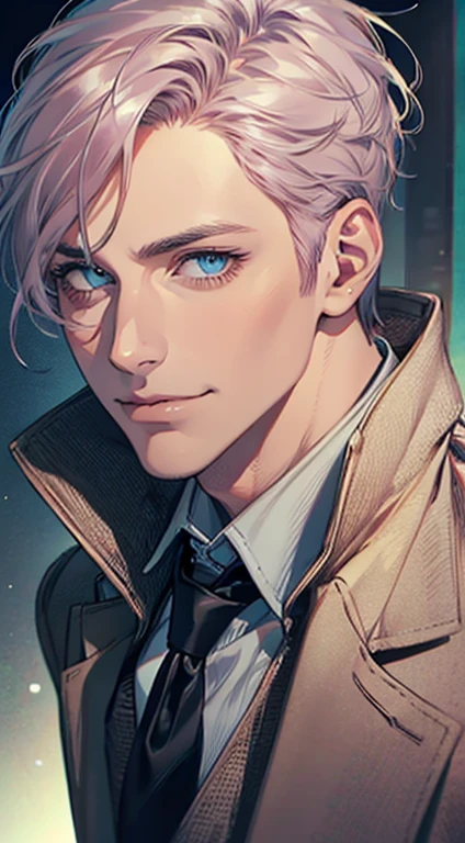 (Highest quality,4K,8K,High resolution,masterpiece:1.2),Super detailed,(Realistic,photoRealistic,photo-Realistic:1.37),1 person,31 years old,Mature Men,Beautiful skin、very handsome,Expressionless,smile,Short gray pink hair,blue eyes,Sharp Eyes,A perfect face without a doubt,Businessman,Office Background,Cinema Lighting,HDR image,tie、