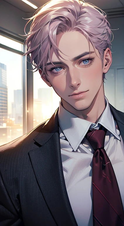 (Highest quality,4K,8K,High resolution,masterpiece:1.2),Super detailed,(Realistic,photoRealistic,photo-Realistic:1.37),1 person,31 years old,Mature Men,Beautiful skin、very handsome,Expressionless,smile,Short gray pink hair,blue eyes,Sharp Eyes,A perfect face without a doubt,Businessman,Office Background,Cinema Lighting,HDR image,tie、