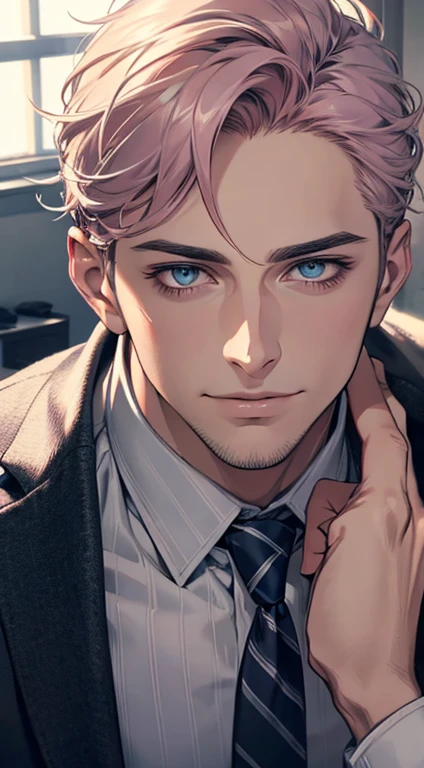 (best quality,4k,8k,highres,masterpiece:1.2),ultra-detailed,(realistic,photorealistic,photo-realistic:1.37),1 man,31 years old,mature man,very handsome,without expression,smile,short grey pink hair,blue eyes,penetrating gaze,perfect face without errors,imposing posture,businessman,office background,cinematic lighting,hdr image