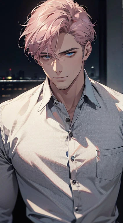 (best quality,4k,8k,highres,masterpiece:1.2),ultra-detailed,(realistic,photorealistic,photo-realistic:1.37),1 man,31 years old,mature man,very handsome,without expression,smile,short grey pink hair,blue eyes,penetrating gaze,perfect face without errors,imposing posture,businessman,office background,cinematic lighting,hdr image