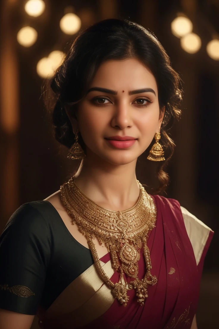 Day scene, close up photo of a sexy indian, sexy navel, deep cleavage, french braid hair, necklace, ?????? face, 34 yo, look at viewer and seductive smile, (cinematic:1.3), intricate details, (ArtStation:1.2),Indian busty gorgeously prettiest lady(face lookinlike Indian actress(beautiful face, beautiful nose, beautiful eyes , beautiful lips ),((realistic Samantha facial harmony facial features lips eyes looks )), ((wearing white tight traditional saree sliver necklace waist belt bangles,red bindi on forehead )),(((huge gigantic breast)),((lying on bed)), hands behind head, showing her armpits,,((open mouth Full closed eyes groaning expression))(((pale white skin tone white skin tone snow white skin tone white skin tone snow white skin tone))),((open mouth Full closed eyes in pleasure groaning expression))