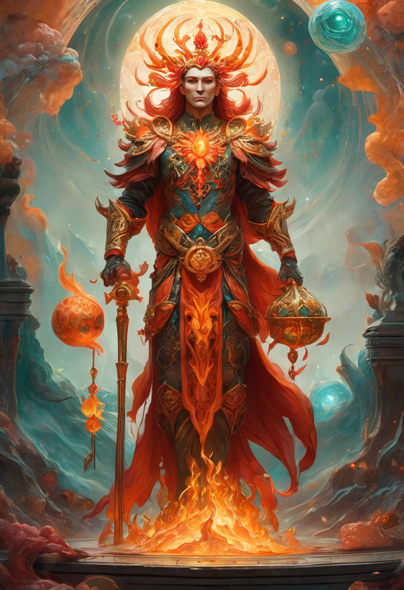A male human figure who personifying the tarot of the Judgement, full figure wiew, the great evoker of the spirit of fire, he raise the dead,dressed in glowing orange scarlet, vermillion, scarlet flecked gold and vermillion flecked gold and emerald, perpetual intelligence, The Spirit of the Primal Fire, Fire,1÷10×√(50)×tan(78)+125^(2)÷√(8.888), fractal,organic matter, cellular colony, deep wiew,4k resolution,hyperdetailed, masterpiece, 3d modelling, abstract art, digital art