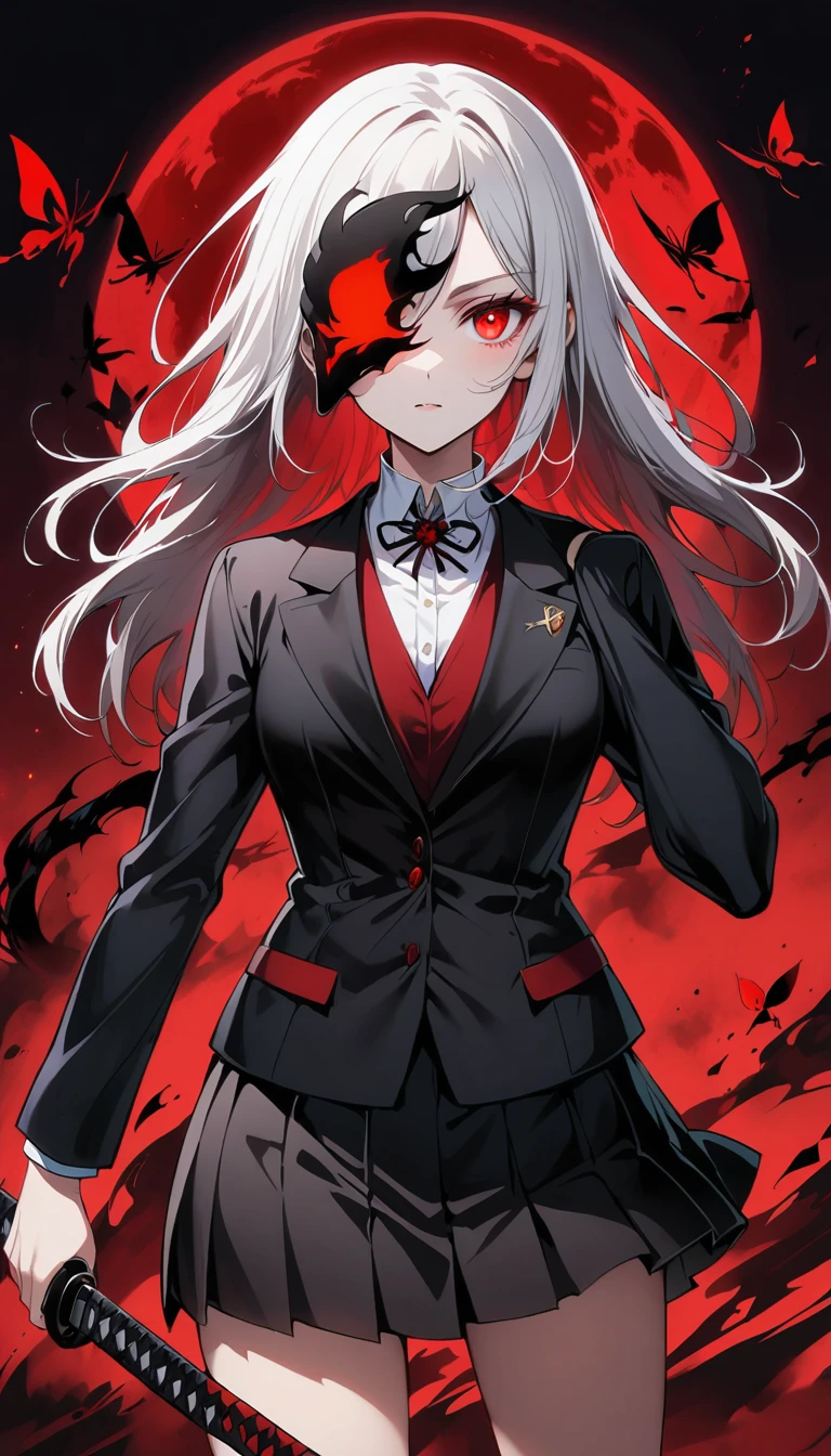 Blurred outline of existence, bright white eyes, Red background, All Black Spikes头发, Blurred outline of existence, Fully white glowing eyes, Red background, All Black Spikes，Red rose，Fire  butterflys，Anime style，1 girl，Silver long hair，White spots on eyes，Pleated skirt short suit，Samurai sword in hand，Elegant Posture、Red Moon、dark purple tones，Elegant and atmospheric。，(((Fluorescent snake bones)))