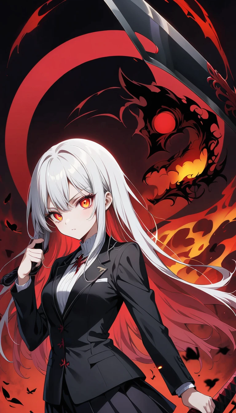 Blurred outline of existence, bright white eyes, Red background, All Black Spikes头发, Blurred outline of existence, Fully white glowing eyes, Red background, All Black Spikes,Red rose,Fire butterflys,Anime style,1 girl,Silver long hair,White spots on eyes,Pleated skirt short suit,Samurai sword in hand,Elegant Posture、Red Moon、dark purple tones,Elegant and atmospheric。,(((Fluorescent snake bones)))