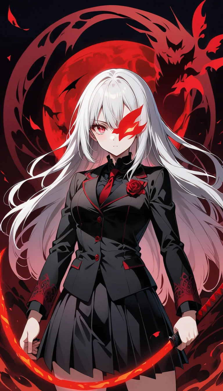 Blurred outline of existence, bright white eyes, Red background, All Black Spikes头发, Blurred outline of existence, Fully white glowing eyes, Red background, All Black Spikes,Red rose,Fire butterflys,Anime style,1 girl,Silver long hair,White spots on eyes,Pleated skirt short suit,Samurai sword in hand,Elegant Posture、Red Moon、dark purple tones,Elegant and atmospheric。,(((Fluorescent snake bones)))