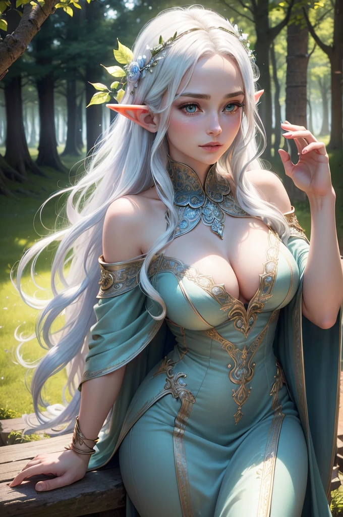 (best quality,highres,ultra-detailed,realistic:1.37),fantasy portrait,dark fantasy,elf goddess,white hair,detailed facial features,fair skin,ethereal presence,majestic aura,piercing blue eyes,mysterious smile,natural body curves,lush green forest background,moonlit night,vibrant colors,wisps of magic,peaceful atmosphere,luminous glow,soft shadows,subtle highlights,dreamlike,serene,graceful,enchanted,emotive,tranquil