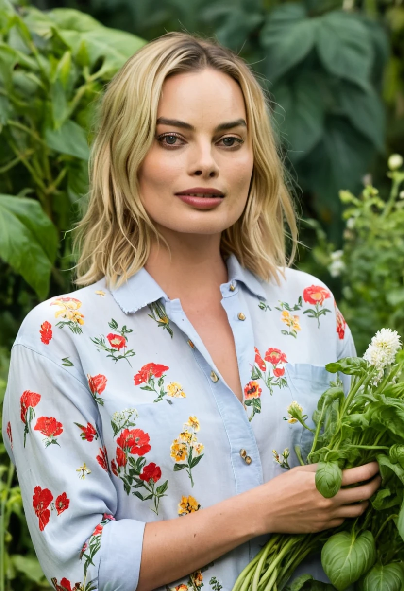 margot robbie in her garden, tending to vibrant flowers and vegetables, dressed in casual gardening clothes, with a relaxed and content expression, surrounded by greenery and blooming plants.