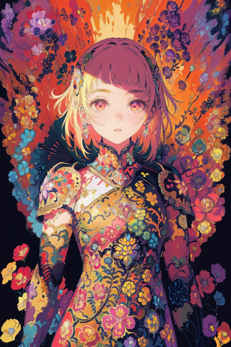 woman, flower dress, colorful, epic background,flower armor, multicolor theme, millions of colors theme, psychedelic style, camouflage pattern:0.5, cosmic view background:0.8, outer space background:0.8