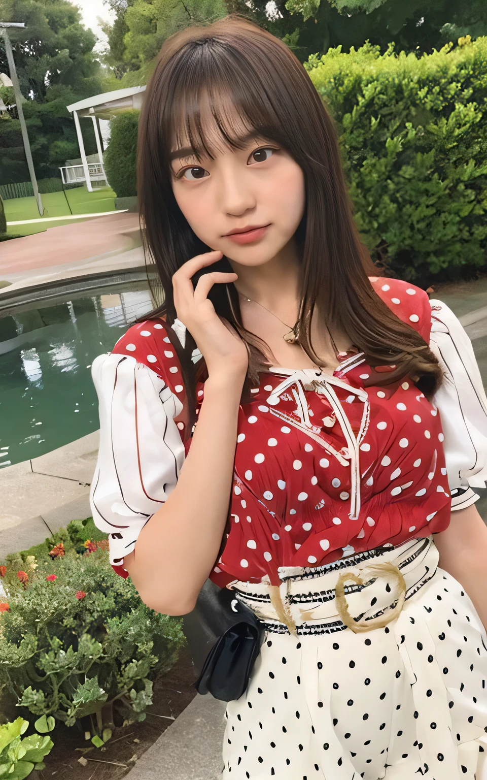 8K、Highest quality、masterpiece、Ultra-high resolution、Like the picture、SLR、Beautiful Japanese Women、grace、good、Kind Face、The beauty of the wind、Moisture beauty、shortcut、Keep your bangs neatly trimmed、Look down,From below,、Eyes far apart、Transparent atmosphere、Beautiful Face、The corners of the mouth turn up、drooping eyes、Raccoon face、watch、necklace、bracelet、Gradient lighting、Sweep your long bangs to the side、Girl and man、Delicate skin、Looking into the distance、Brown eyes、On the chest、The chest shape is clear,,,,,,,,,,,,,,,,,,,,,、Very very huge 、Large breasts、Raw photo、(Purelos Face_v1:0.5)、Polka dot puff sleeve button front blouse、Front button、Vbottleneck、Polka dot pattern、White clothes、No sleeve、Sleeveless、No sleeve blouse、Sleeveless、Perfect fit、White clothes、、Sexy clothes、Transparent feeling、Look Away、theme、Tilt、Look at this、Big butt、Big Ass、Chubby、Morning sunlight、Station platform、The morning sun is dazzling、