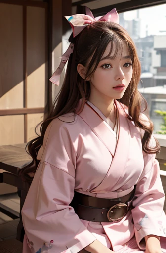 masterpiece, Highest quality, High resolution, Venus 1, One girl, alone, Tsuko Kamato, bamboo, gag, hair (brown), Plaid belt, gag, gag, Gradient hair, hair ribbon, Haori, Japanese Clothing, Very short kimono, Long hair, Looking at the audience, Multicolored hair, Pink Eyes, Very short pink kimono, Pink ribbon, ribbon, alone, (((masterpiece)), amount, Sitting, She's cute when she puffs out her cheeks, anger, Eyes Wide Open, very wide hips, The thighs are very thick