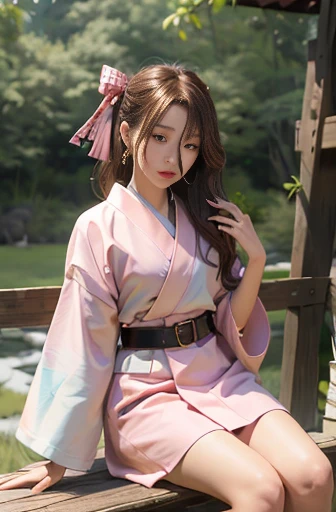 masterpiece, Highest quality, High resolution, Venus 1, One girl, alone, Tsuko Kamato, bamboo, gag, hair (brown), Plaid belt, gag, gag, Gradient hair, hair ribbon, Haori, Japanese Clothing, Very short kimono, Long hair, Looking at the audience, Multicolored hair, Pink Eyes, Very short pink kimono, Pink ribbon, ribbon, alone, (((masterpiece)), amount, Sitting, She's cute when she puffs out her cheeks, anger, Eyes Wide Open, very wide hips, The thighs are very thick