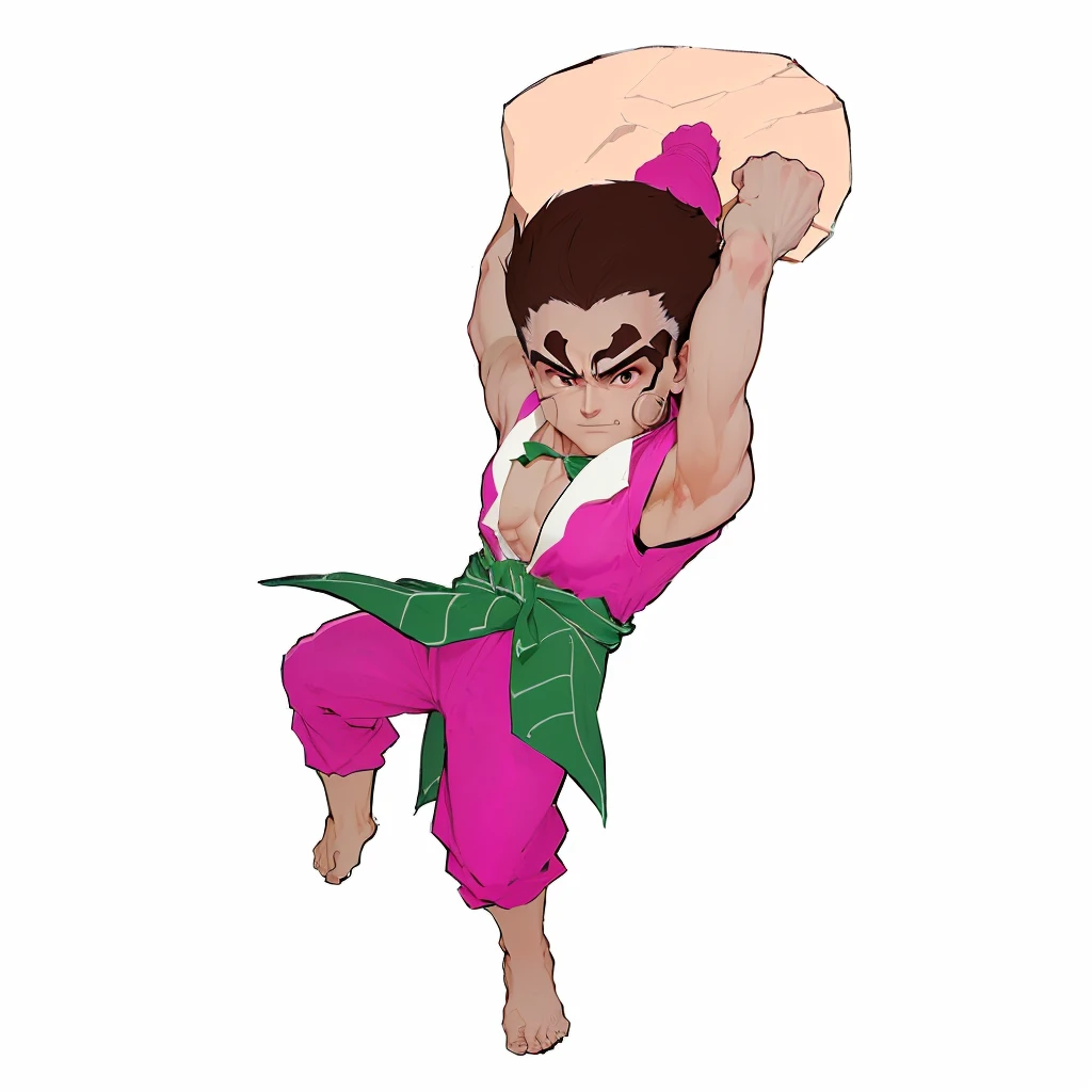 cartoon of a man in a pink outfit holding a bag, positing on rock super hero pose, most strongest pose, juri han from street fighter, akira from chinese mythology, fighting pose, fight pose, super super dynamic dynamic pose, fighting game character, posing as a jojo character, fighter pose, akiri toriyama, heroic jumping pose, official art
