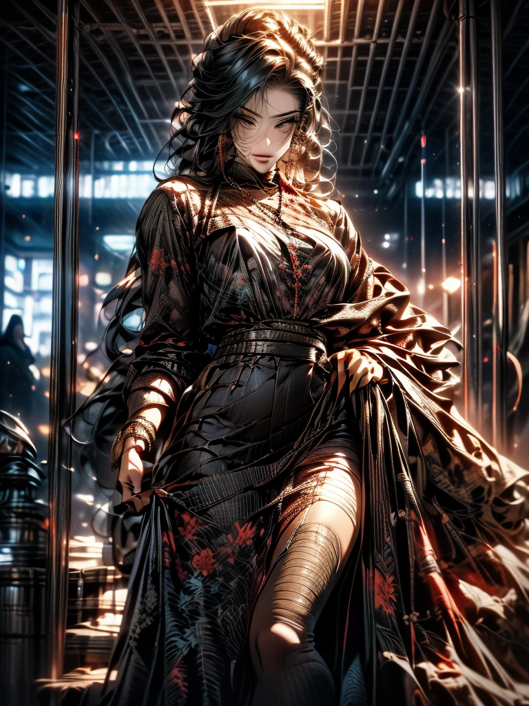 female, barbarian, braided black hair, tribal clothing, fur clothes, leather underwear, Demonic Right Arm
