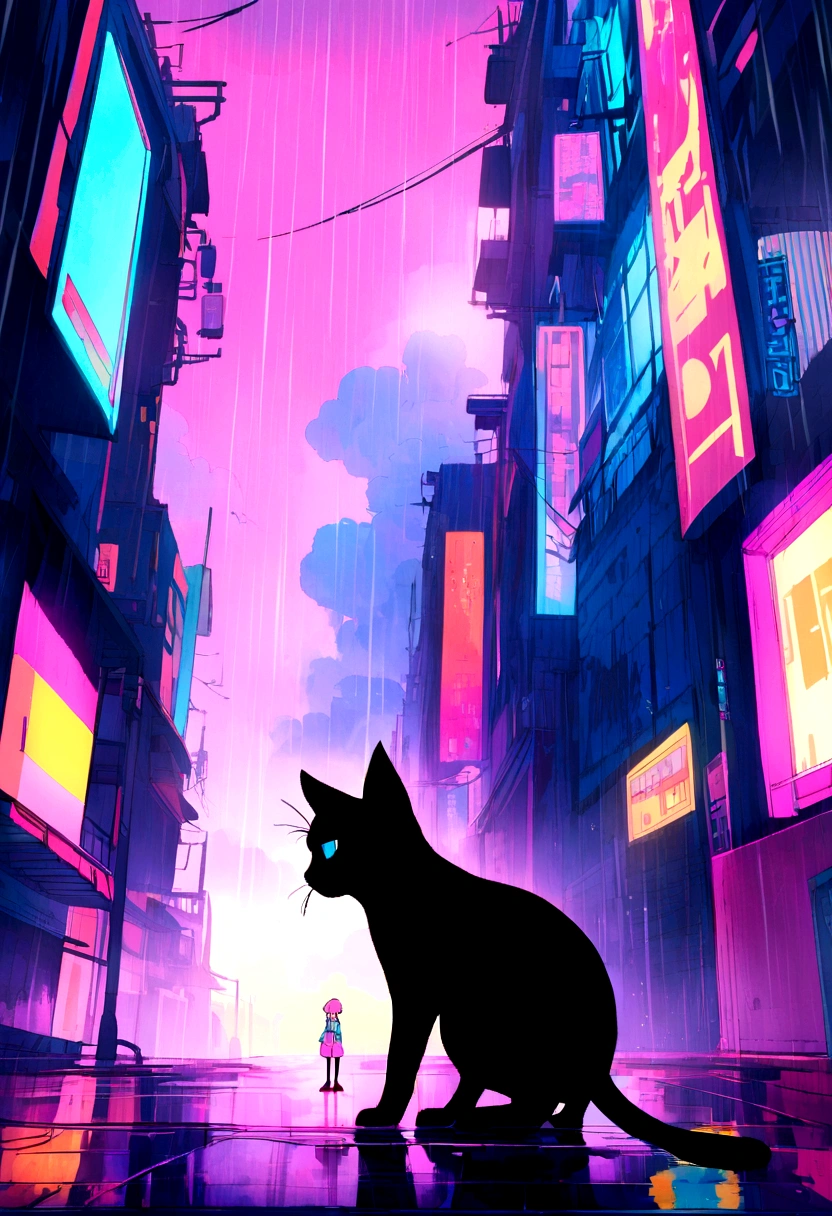 Pink and blue hair girl, soda, Inspired by 90s anime, Cyberpunk City, praise, colorful, , Pink Hair, Blue hair, sadness, crouching in the rain There's a black cat nearby