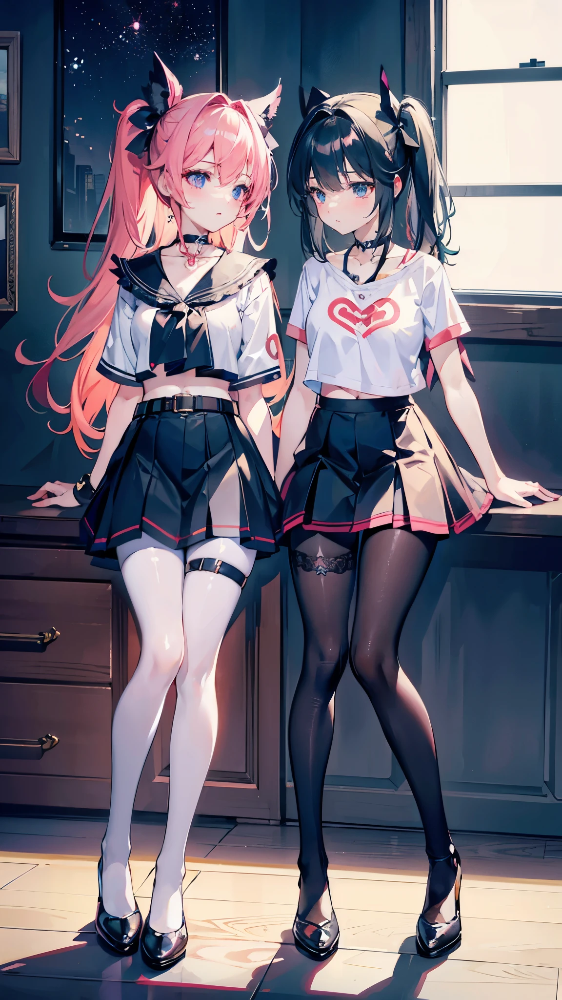 ,twins, Masterpiece,Best quality,offcial art,Extremely detailed Cg Unity 8K wallpaper, 2girls, cute female , Yuri, hair adornments, Short shorts, Crop top, Pantyhose, ribbon_choker necklace, leg belt,