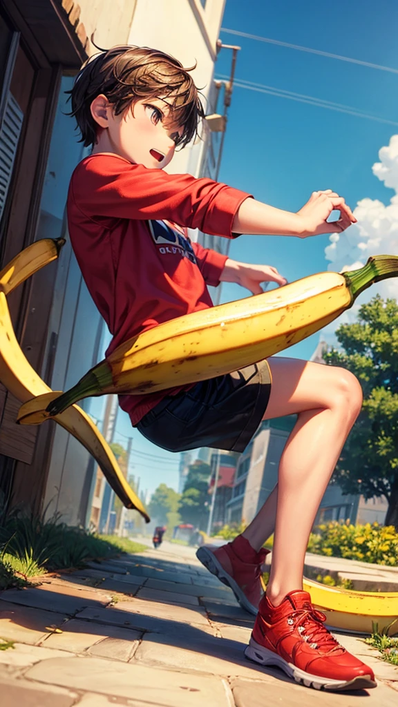 Boy slipping on banana