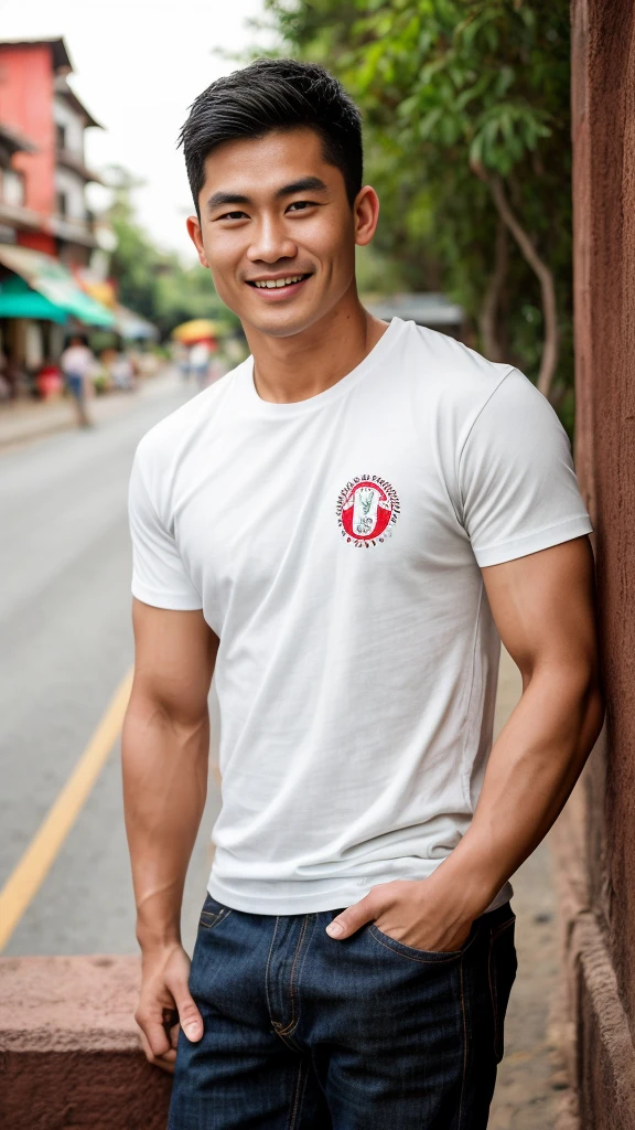 Thai man ,man,He is about 30 years old..,Rough and handsome appearance,large breastsj,Big waistline,buzz cut, angry, sullen, best quality, Masterpiece,(Have muscles:4.5),(best quality,high resolution,Masterpiece:1.2),The eyes are natural and delicate..,1 person,alone,gay asian,muscle,Long legs,brave,short hair details,conjunctivitis ,strong,brown eyes, (outdoor background road :1.5),in the market,sit (red and white t-shirt:1.3),Jeans ,smile