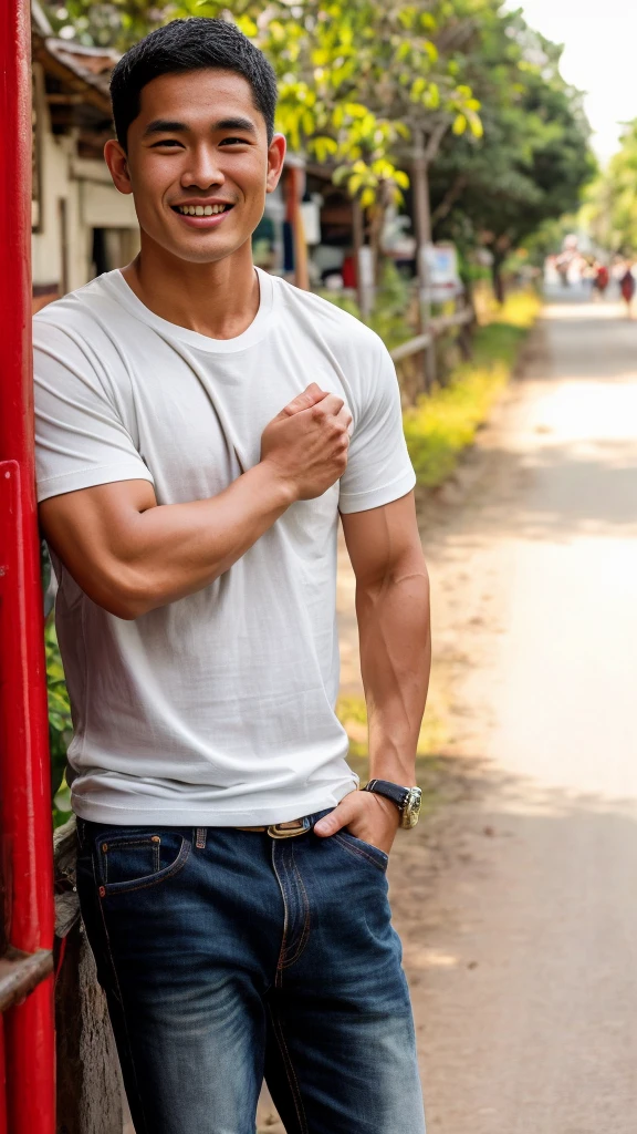 Thai man ,man,He is about 30 years old..,Rough and handsome appearance,large breastsj,Big waistline,buzz cut, angry, sullen, best quality, Masterpiece,(Have muscles:4.5),(best quality,high resolution,Masterpiece:1.2),The eyes are natural and delicate..,1 person,alone,gay asian,muscle,Long legs,brave,short hair details,conjunctivitis ,strong,brown eyes, (outdoor background road :1.5),in the market,sit (red and white t-shirt:1.3),Jeans ,smile