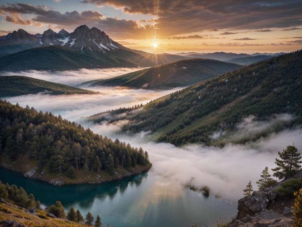 a breathtaking sunset in the mountains, dramatic mountains silhouetted against the sky, vibrant warm colors, sun rays streaming through clouds, atmospheric fog, detailed rocky terrain, lush green foliage, serene lake reflecting the sky, birds flying in the distance, (best quality,8k,highres,masterpiece:1.2),ultra-detailed,photorealistic,dramatic lighting,cinematic composition,muted color palette,golden hour,epic landscape