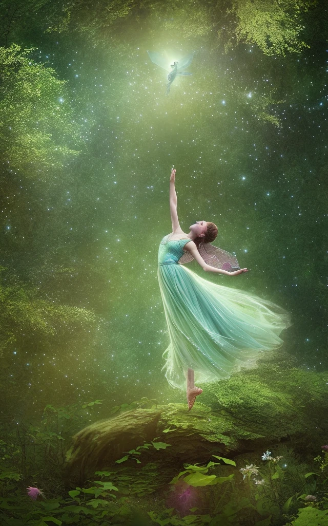 Dance in the woods, Faeries' Moonlight Dance, Fairies dance, Amazing young ethereal figure, magical fairy floating in space, Dramatic magic floating pose, inspired by Edward Robert Hughes, Stunning fairy 3d render, dancing gracefully, inspired by Dorothea Tanning, ethereal essence, advertising photograph