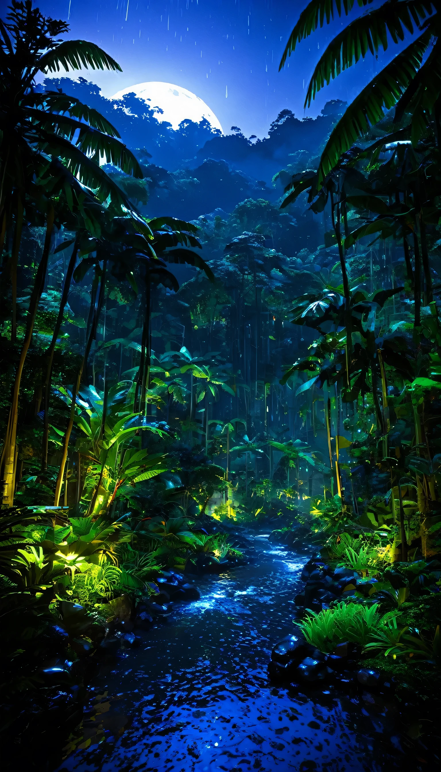 anime styling, fancy, paisaje, naturey, exotic colors, no characters, no green colors. Ultra realistic , night time , lush tropical rainforests