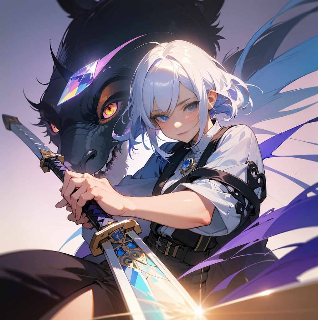 Mature woman with cool blue-purple heterochromia eyes, white shirt, black trousers, long white hair, (top quality, 8k, high, masterpiece), highly detailed facial features, intricate details, natural lighting, warm colors , soft focus, digital painting, fantasy art, silhouette, universe, foggy, weapon, crystal blade sword, beautiful face, flat gaze.