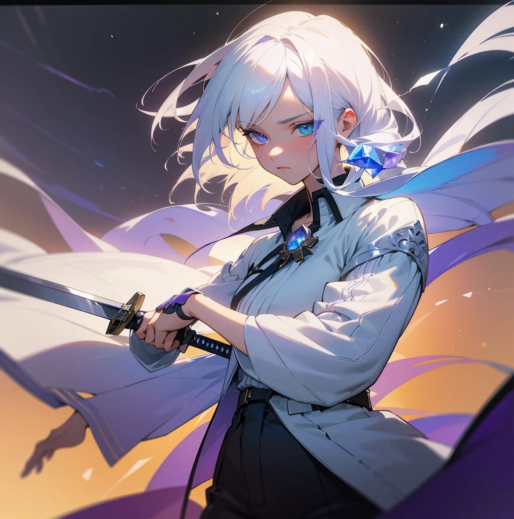 Mature woman with cool blue-purple heterochromia eyes, white shirt, black trousers, long white hair, (top quality, 8k, high, masterpiece), highly detailed facial features, intricate details, natural lighting, warm colors , soft focus, digital painting, fantasy art, silhouette, universe, foggy, weapon, crystal blade sword, beautiful face, flat gaze.