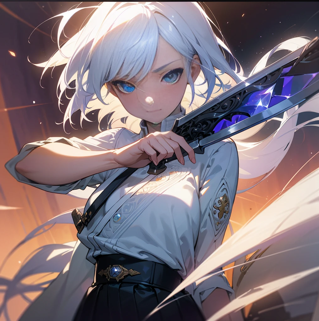 Mature woman with cool blue-purple heterochromia eyes, white shirt, black trousers, long white hair, (top quality, 8k, high, masterpiece), highly detailed facial features, intricate details, natural lighting, warm colors , soft focus, digital painting, fantasy art, silhouette, universe, foggy, weapon, crystal blade sword, beautiful face, flat gaze.