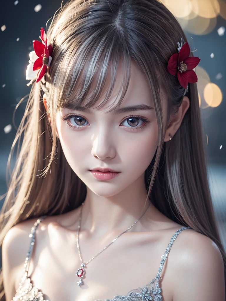 1 Girl, {{masterpiece}},Highest quality,Very detailed,Very detailed CG ユニティ 8k 壁紙,An illustration, One girl, Red eyes, Wavy silver hair, Pointed Ears, vampire, dress, necklace, Hair Flowers, snow, ice, whole body, shot,High Close-up, Very detailed,Center Frame,Sharp focus, View your viewers, Floating Hair,