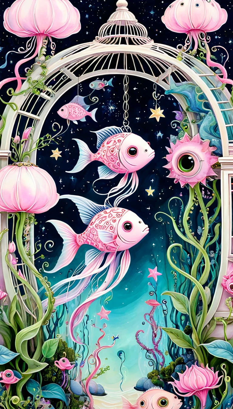 Light pink fish in the birdcage,plant,Tentacles,Eye、Starry Sky,Stitching together an abstract painting,Describing the inner world of autistic people,Sense of space,White Space,interesting,Innocence,Psychedelic Art,Pink theme