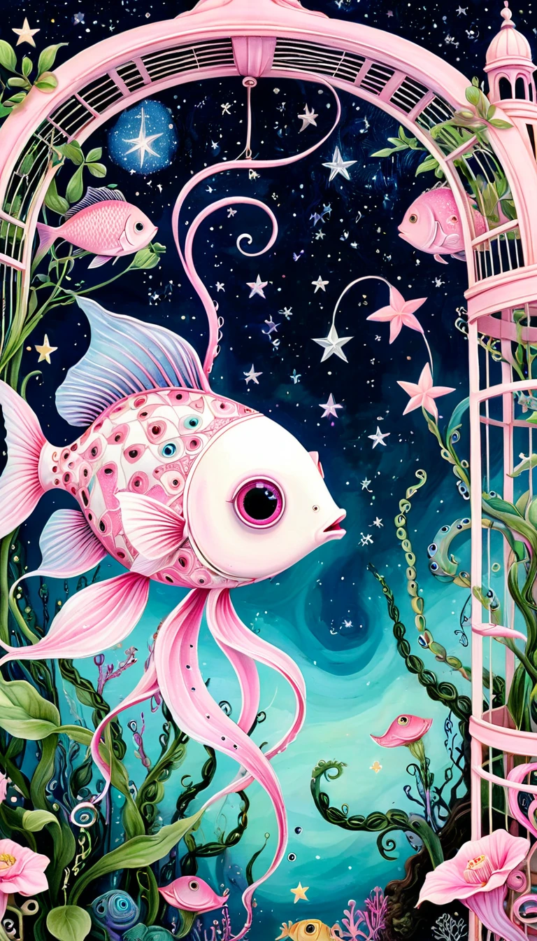 Light pink fish in the birdcage，plant，Tentacles，Eye、Starry Sky，Stitching together an abstract painting，Describing the inner world of autistic people，Sense of space，White Space，interesting，Innocence，Psychedelic Art，Pink theme